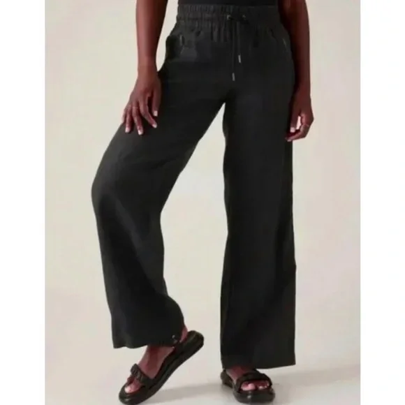 Athleta Pants 12P Cabo Wide-Leg High Rise Joggers Black Linen - Picture 10 of 12
